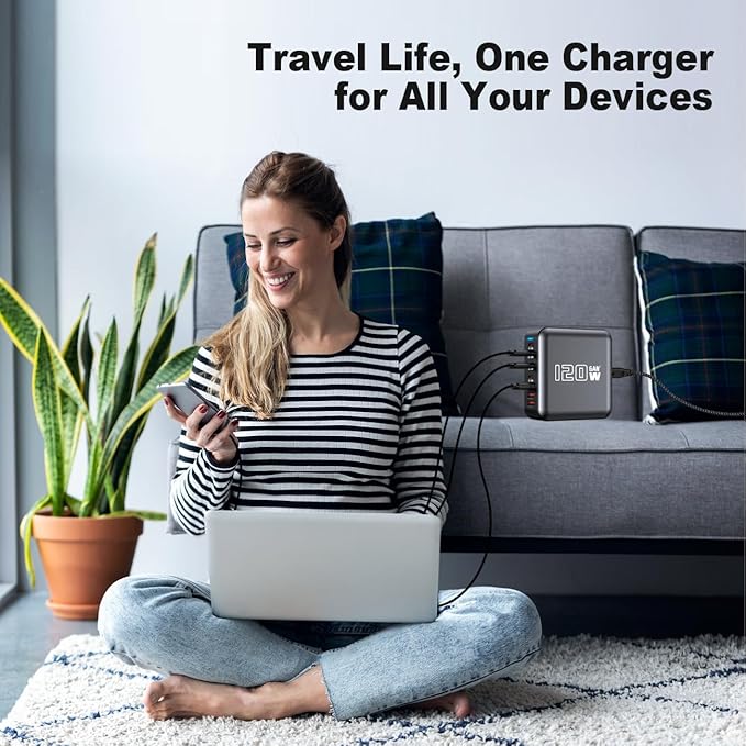 USB C Fast Charger Block, 120W 6-Port Charging Station Hub Adapter, USB C Wall Multi Charger Power Strip Plug with On/Off Switch for iPad iPhone 17 16 15 14 13 12 Pro Max Galaxy S23 (Black)