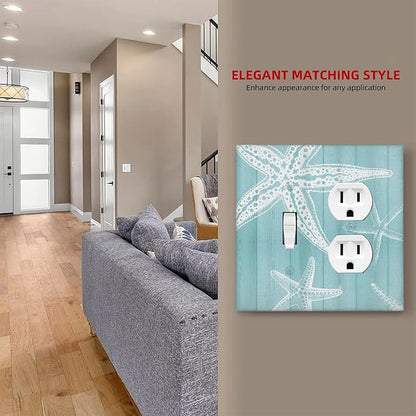 Decorative Outlet Covers Starfish Teal Wood Board Nautical 2 Gang Light Switch Cover Plate Single Toggle Duplex Wall Plates for Electrical Outlets Switch Plate Covers for Bedroom Home Decor