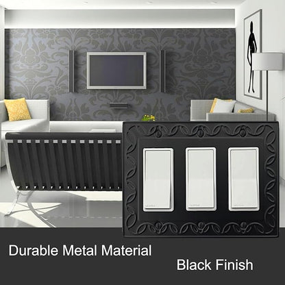 Triple Decorator Light Switch Cover NovaBloom Metal Wall Plate, 2-Pack Black 3 Gang Triple Rocker, Receptacle Dimmer Switch Cover GFCI Outlet Decorative Wallplate, Durable