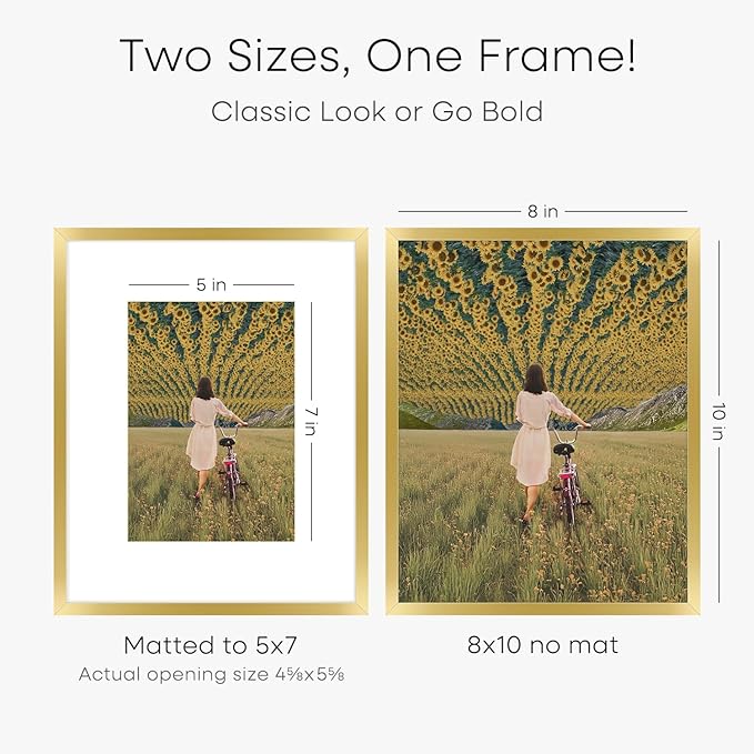 Homeforia 8x10 Picture Frame Gold, High End Metal 8 x 10 Photo Frames with Mat 5 by 7 Art, 10x8 Poster Frame Matted to 5x7 inch Print, 8by10 Wall or Tabletop Frames, Tempered Glass, Wall Kit, Set of 1