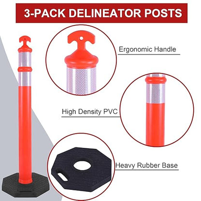 OrangeStar 3 Packs 45" Traffic Delineator Post with Base, Orange Delineator Post Cones w/Reflective Collar for Driving Practice, Construction Work, Parking Lot