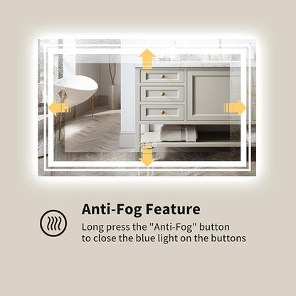 WTTY 48x30 LED Bathroom Mirror with Lights, Front and Backlit Lighted Bathroom Vanity Mirrors for Wall, Dimmable Wall Mirrors for Bathroom, Anti-Fog, Memory, Shatter-Proof, Double LED Vanity Mirror