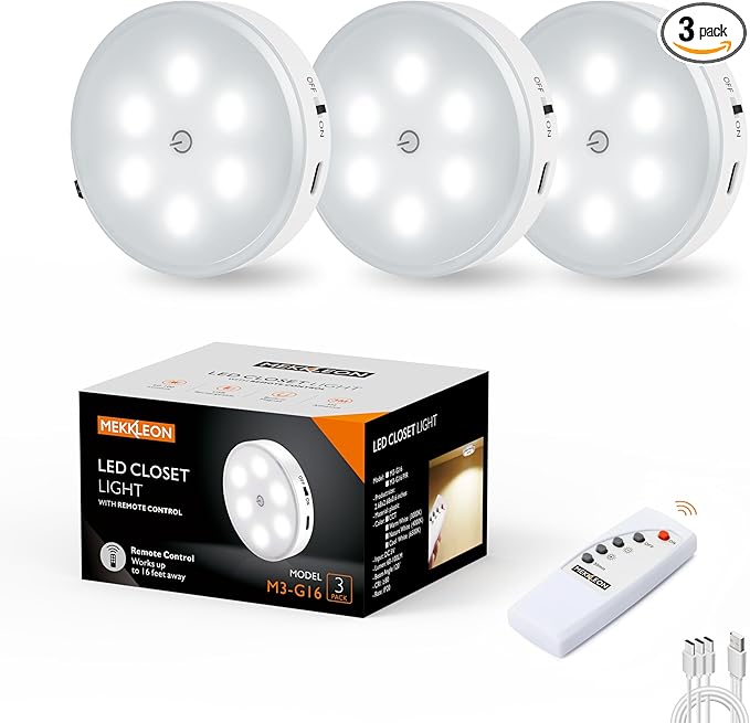 Puck Lights with Remote Control,1000mAh Rechargeable Under Cabinet Lighting,LED Closet Lights,3Pack Night Light,Cordless Stick On Lights for Under Cabinet,Hallway, Stairway,Closet (Cool White)