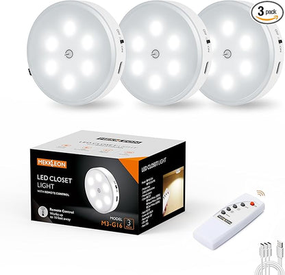 Puck Lights with Remote Control,1000mAh Rechargeable Under Cabinet Lighting,LED Closet Lights,3Pack Night Light,Cordless Stick On Lights for Under Cabinet,Hallway, Stairway,Closet (Cool White)