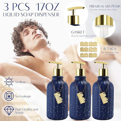 17PCS Bathroom Accessory Set Bathroom Set Navy Blue Bathroom Accessories,Toilet Brush, Trash Can, Qtip Holder Dispenser& 3PCS Soap Dispenser