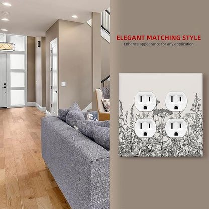Decorative Outlet Covers Beige Skech Plant Leaves Flowers 2 Gang Wall Plate Cover Double Duplex Receptacle Two Switch Light Switch Cover Plate Jumbo Dual Faceplate for Home Decor