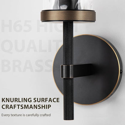 19.5" Knurled Brass Wall Sconce with Water Ripples Glass Tube, Black Gold Bathroom Vanity Light Fixtures, Modern Lamp Lighting for Bedroom, Living Room, Hallway, Staircase, Mirror, Kitchen