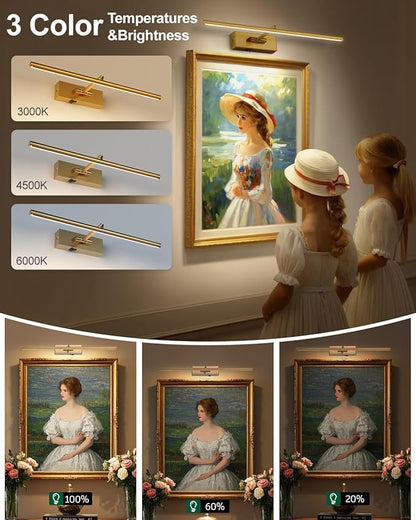 Battery Operated Picture Light with Wireless Remote 3CCT Dimmable Gold Wall Art Lights for Paintings 3 Color Rechargeable cordless decor Gallery Light 24’‘ Artwork Lighting for Canvas Timer Function