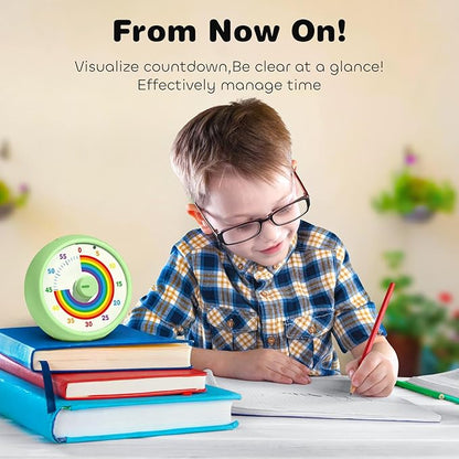 Visual Timer for Kids, 60-Minute Countdown Timer for Classroom Office Kitchen, Desk Timer Kids Time Management Tools with Silent Operation, Pomodoro Time Rainbow Pattern (Green)