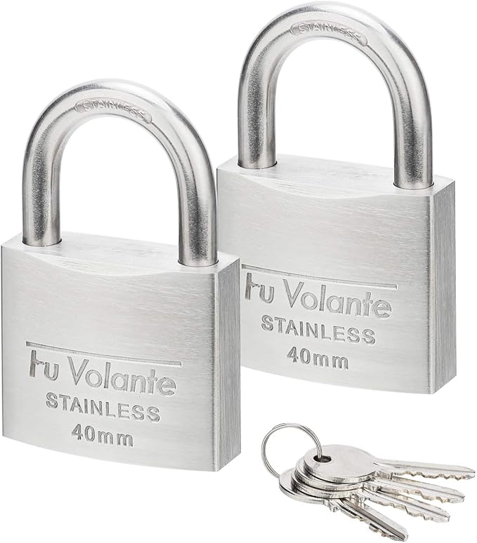 Stainless Steel Pin Tumbler Padlock, 304 Marine Series, Weatherproof Padlock for Outdoor use, 1-1/2 inch Wide Body, Keyed Alike Locks- Stainless Steel Body & Shackle-2 Pack