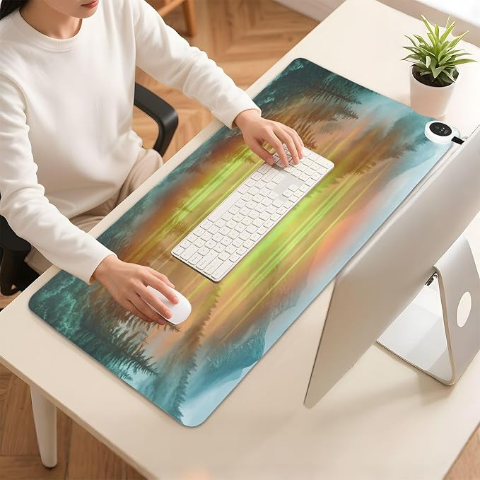 Heated Desk Pad Mouse Pad 31.5x13 Inch PU Leather Desk Mat with 3 Heat Levels Large Mouse Gaming Computer Laptop Mat Foggy Green Mountains and Pine Trees