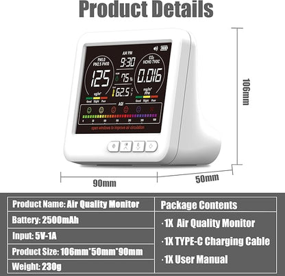 Professional Indoor Air Quality Monitor with 7X AQI Alarms,16 in 1 Portable Real-Time Detector for PM2.5 | PM10 | CO2 | TVOC | HCHO | Temp | Hum for Home Cars Plants Pets