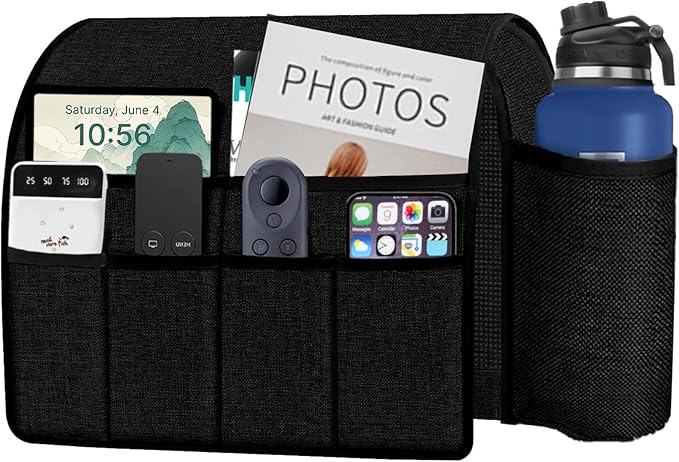 Ntomtuex Sofa Armchair Caddy Remote Control Holder with Water Bottle for Couch Recliner, Armrest Organizer with 7-Pocket Design for Magazines, Eyeglasses, iPad, Phone, Black