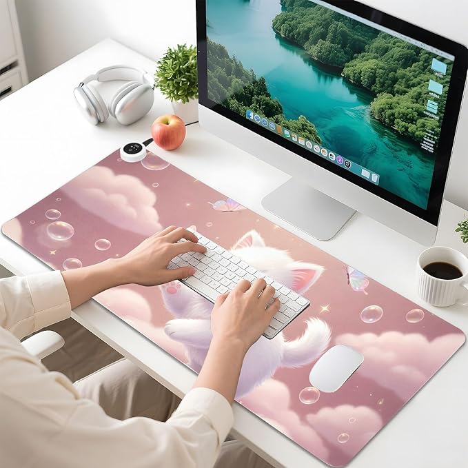 Large Heated Mouse Pad,Leather Desk Mat,31.5"x13",Hand Warmer Pads for Desk,Kitty Bubbles(Pale Pink)
