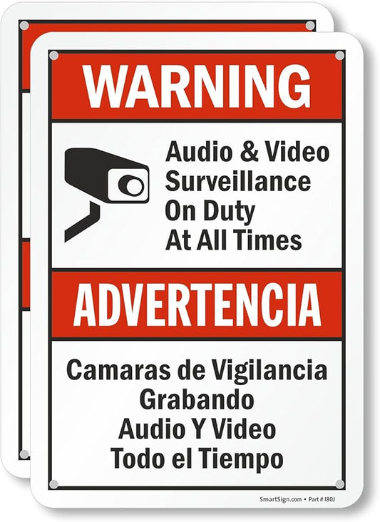 SmartSign 2-Pack 'Warning Audio And Video Surveillance On Duty At All Times' Bilingual Sign - 7" x 10", 40 mil Laminated Rustproof Aluminum Metal, Red, Black and White, Fade-Resistant, Made in USA