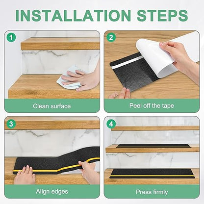 10-Pack Anti Slip Traction Tape 24" x 6" Best Grip Tape Grit with 12mm/0.47" Glow in Dark Stripe High Traction Friction Abrasive Adhesive for Indoor/Outdoor Stairs[Black+Yellow]