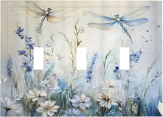 Decorative Light Switch Cover Plate Watercolor Dragonfly Blue Wihte Flower 3 Gang Wall Plates for Electrical Outlets Triple Toggle Switch Plate Covers Outlet Covers Faceplate for Home Decor