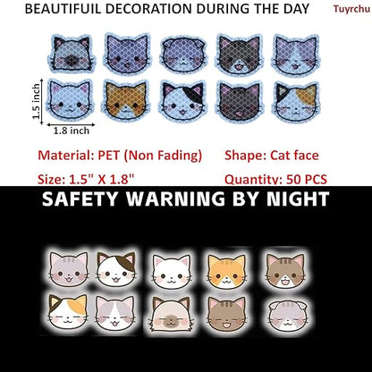Reflective Stickers 50 Pcs, Outdoor Waterproof High Visibility Warning Safety Adhesive Reflector (1.5" X 1.8", Cat face)