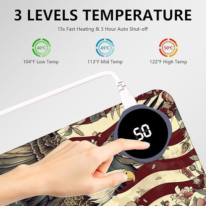 Heated Mouse Pad with 3 Levels Heated & 3 Hours Auto Shut-Off Mouse Pad for Warming Hands in Office Home, 23.6" x 14.2"Large Safe Desk Mat Hand Warmer，Flying Eagle Flag Flowers