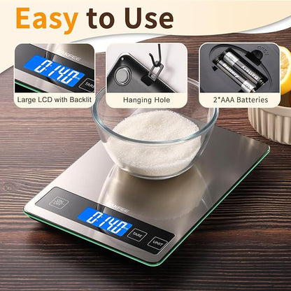 Food Scale, 33lb Digital Kitchen Scale with Stainless Steel & Tempered Glass, 1g / 0.05oz Precise Graduation, Waterproof and Sturdy Surface, for Cooking, Baking, Weight Loss, Meal Prep