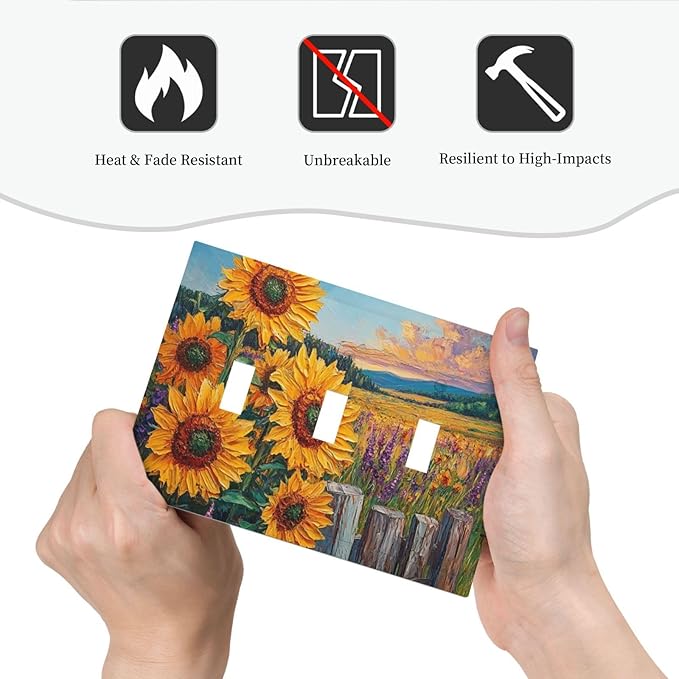 Decorative Light Switch Cover Plate Rustic Wilderness Sunflower Lavender Muzha Oil Painting 3 Gang Wall Plate Oversized Triple Toggle Switch Cover Plate Jumbo Faceplate