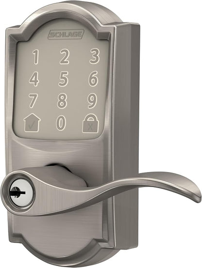 Schlage FE789WB CAM 619 Acc Encode WiFi Accent Lever Smart Lock, Keyless Entry Touchscreen Door Lock with Camelot Trim, Satin Nickel