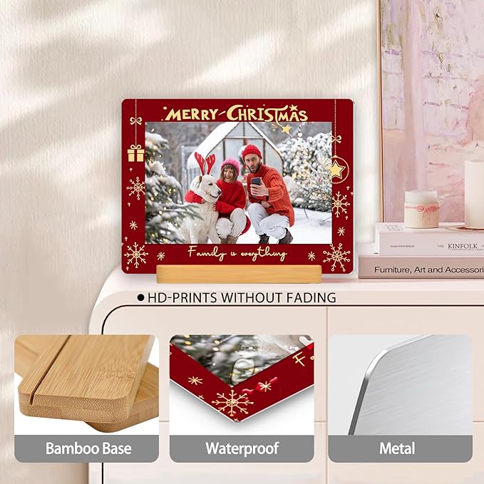 Custom Photo Prints - Metal Desktop Picture Frame with Photos & Text & Wooden Base Personalized Christmas Gifts for Family Lovers Pets and Friends, Optional Multiple Sizes