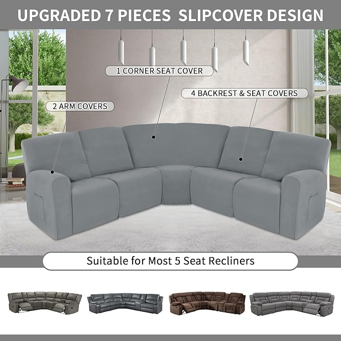 Easy-Going 100% Waterproof Recliner Cover, Stretch Couch Covers for Reclining Couches, Extra Large Sectional Sofa Slipcover, L-Shape Furniture Protector for Kids & Pets, 5 Seater, Light Gray