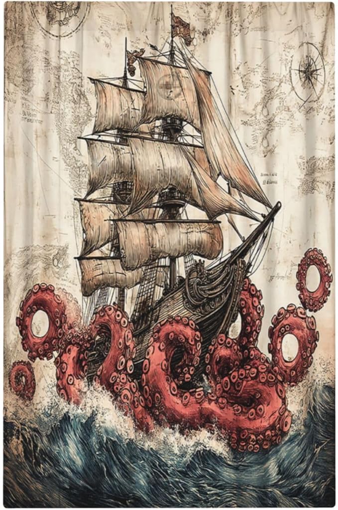 Light Switch Cover Plate Vintage Octopus Ocean Sailboat Bizarre Adventure 1 Gang No Device Blank Electrical Wall Plates Faceplate Decorative Switch Plate for Bathroom Kids room Decor