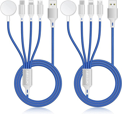 2Pack Multi Charging Cable for Apple Watch Charger 4 in 1 Travel Essentials RV Camping Essentials USB C/L/Micro Compatible with iWatch Series 11-1/iPhone 17/16/15/Android Airplane Gadgets-4FT/Blue