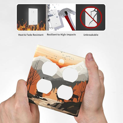 Sun Forest Deer Snow Mountain River Outlet Covers 2 Gang Double Duplex Decorative Light Switch Covers Electrical Wallplates Socket Faceplate For Bed Room Living Room Decor