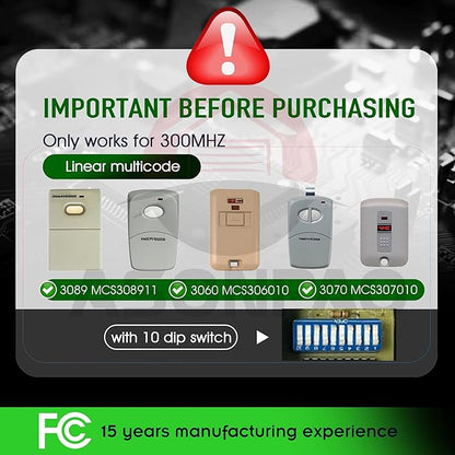 2 for Multicode Linear 308911, 10 Dip Switch Gate Opener Remote 300MHz, Multi Code Garage Door Opener Remote, 3-Year-Warranty