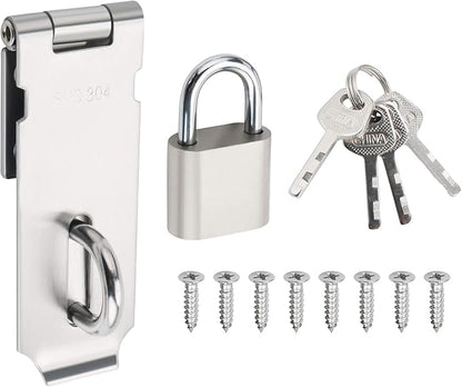 Alise Door Lock Hasp Latch with Padlock,4 Inch SUS 304 Stainless Steel Safety Packlock Clasp Hasp Lock Latch, with Fixing Screw for External Doors Window Cabinet Pet Cage, Brushed Finish,MST009-LS