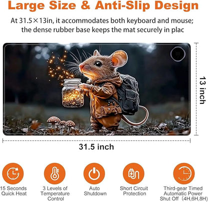 Heated Mouse Pad for Desk 31.5" x 13" – PU Leather Warm Desk Pad with 3 Heat Levels (104°F/113°F/122°F), Plug-in Electric Heating Mat with Auto Shut-Off, Waterproof & Rollable, Mouse with Lantern