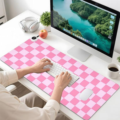 Checkered Pink Heated Desk Pad Mouse Pad 31.5x13 Inch PU Leather Desk Mat with 3 Heat Levels Large Mouse Gaming Computer Laptop Mat