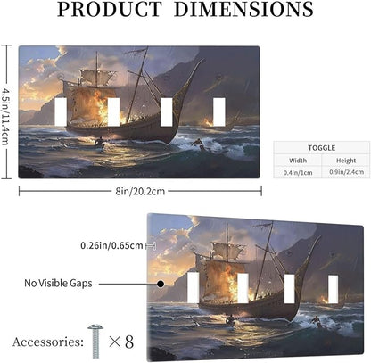 Light Switch Cover Plate Medieval Vintage Sailing Adventure Sailings Ocean Waves 4 Gang Quad Toggle Wall Plate Electrical Outlet Cover Decorative Switch Plate Covers for Bedroom Cabin Decor