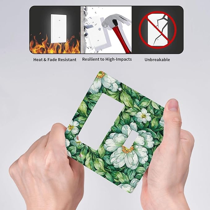 Vintage Floral White Flowers Green Plants Leaves Outlet Covers 1 Toggle 1 Rocker Combination Light Switch Cover Plate Decorative Wall Plate Electrical Switch Plates for Bedroom Bathroom