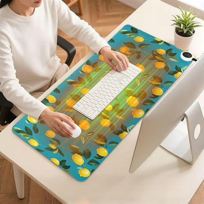 Heated Desk Pad Mouse Pad 31.5x13 Inch PU Leather Desk Mat with 3 Heat Levels Large Mouse Gaming Computer Laptop Mat Teal Lemons