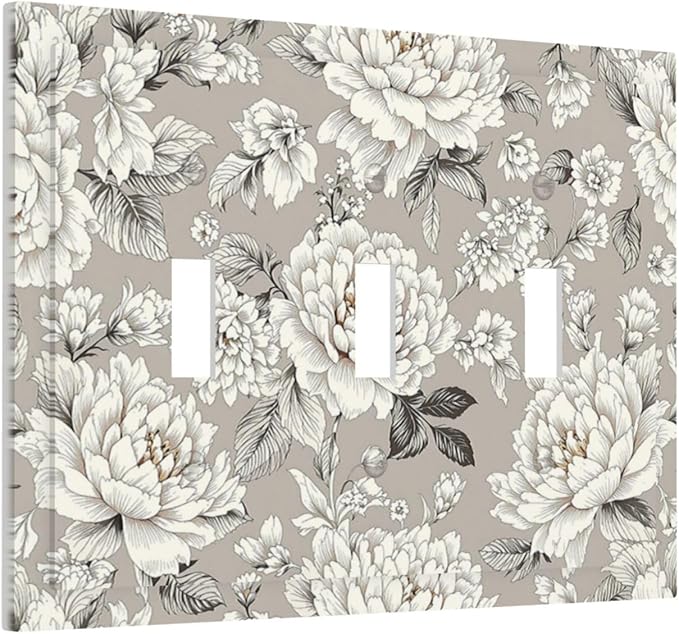 White Poppies Floral Modern Grey Peonies Flowers Decorative Switch Plates 3 Gang Wall Plate Triple Toggle Light Switch Cover Electrical Wall Panels Faceplate for Bedroom Bathroom Decor