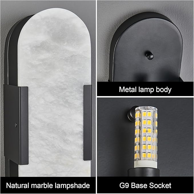 Alabaster Wall Sconce, Modern Natural Marble Wall Sconces for Indoor Lighting, 13.8 in Black Wall Lights for Bathroom Dining Room Stairs Bedroom (1-Pack)