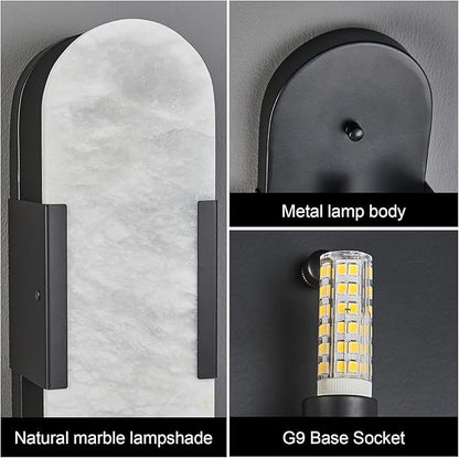 Alabaster Wall Sconce, Modern Natural Marble Wall Sconces for Indoor Lighting, 13.8 in Black Wall Lights for Bathroom Dining Room Stairs Bedroom (1-Pack)
