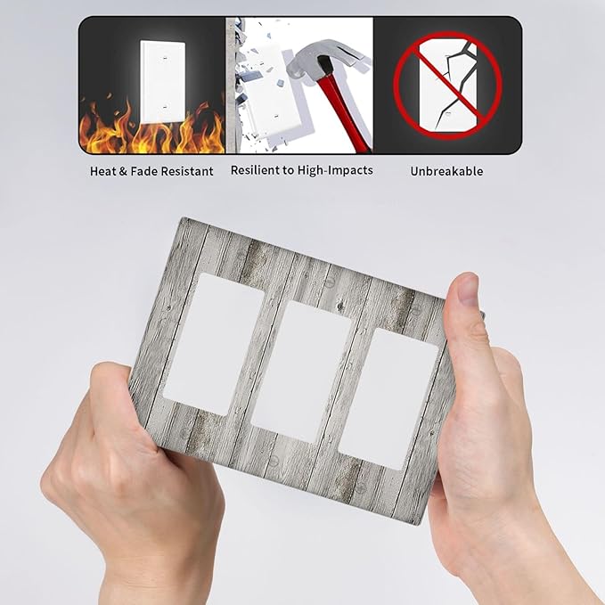 Light Switch Covers Farmhouse Rustic Grey Barn Door Wood 3 Gang Rocker Electrical GFCI Decorative Triple Outlet Wall Plate Cover Switchplate for Bedroom Cabin Decor