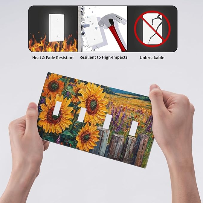 Decorative Light Switch Cover Plate Rustic Wilderness Sunflower Lavender Muzha Oil Painting 4 Gang Wall Plate Oversized Quad Toggle Switch Cover Plate Jumbo Faceplate