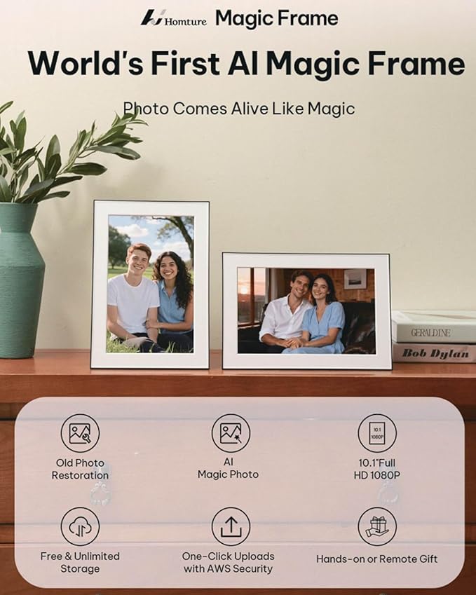 AI Magic Frame 10.1"-WiFi Digital Picture Frame with 64GB,1920 x 1200 IPS FHD TouchScreen,Motion Sensor,Dynamic AI Photo,Unlimited Cloud Storage, Gifts for Christmas/Birthday/Family/Home Decor