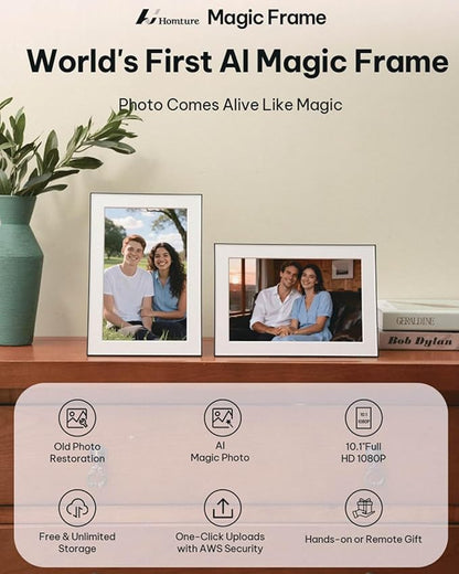 AI Magic Frame 10.1"-WiFi Digital Picture Frame with 64GB,1920 x 1200 IPS FHD TouchScreen,Motion Sensor,Dynamic AI Photo,Unlimited Cloud Storage, Gifts for Christmas/Birthday/Family/Home Decor