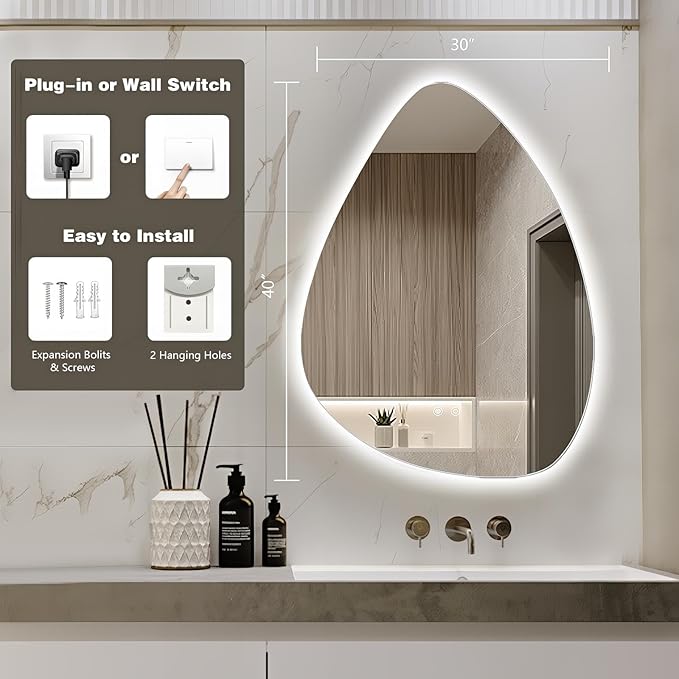 Niccy Irregular LED Bathroom Mirror, 30"x40" Asymmetrical Backlit Vanity Wall Mirrors, Frameless Lighted Mirrors for Bedroom, Living Room, Modern Smart-Mirror with Anti-Fog, Dimmable, Memory Function
