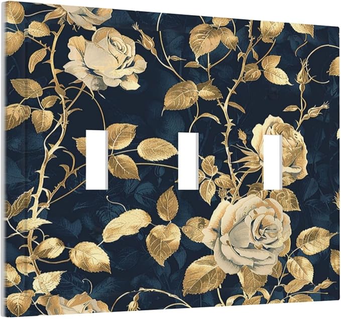 Decorative Switch Plates Boho Vintage Floral Golden Flower Dark Blue Background 3 Gang Wall Plate Triple Toggle Light Switch Cover Faceplate Electrical Wall Panels for Bedroom living Room