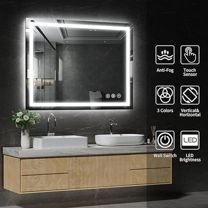 30"x36" LED Bathroom Mirror with Lights, Dimmable, Anti-Fog, Lighted Bathroom Vanity Mirror for Wall, Backlit + Front Lit, Memory Function, Shatter-Proof, Tempered Glass