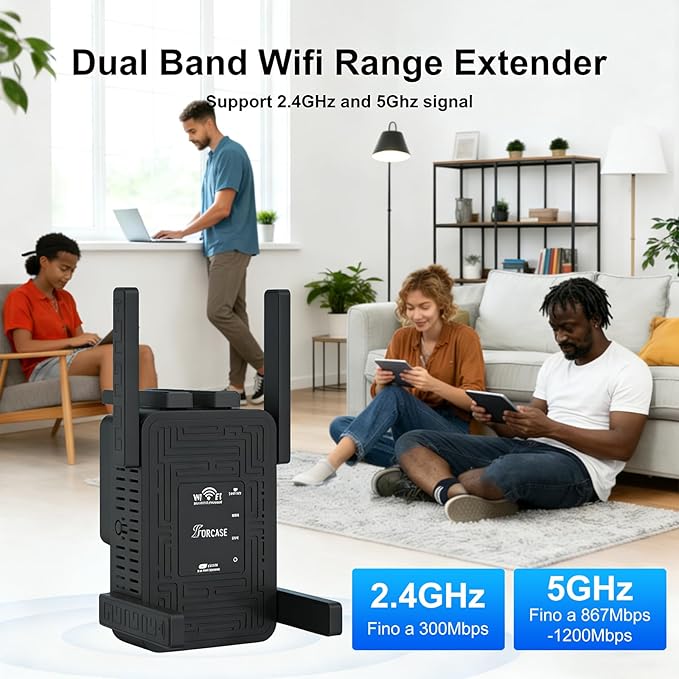 WiFi Extender Signal Booster Dual Band 5.8GHz&2.4GHz, w/6 Antennas WiFi Booster for Home Coverage up to 10200 Sq.ft, Signal Amplifier 1200Mbps WiFi Repeater w/Ethernet Port, 1-Tap Setup,Black