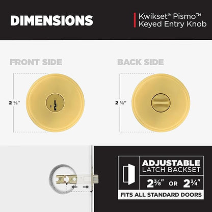 Kwikset Pismo Entry Door Knob with Lock and Key, Secure Keyed Handle Exterior, Front Entrance and Bedroom, Satin Brass, 4 Pack, Pick Resistant SmartKey Rekey Security